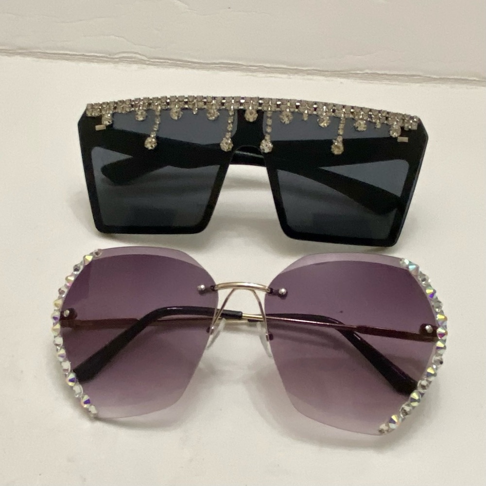 Lot of 2 Vintage Sun Glasses-Black and Smoky Gray with Rhinestones